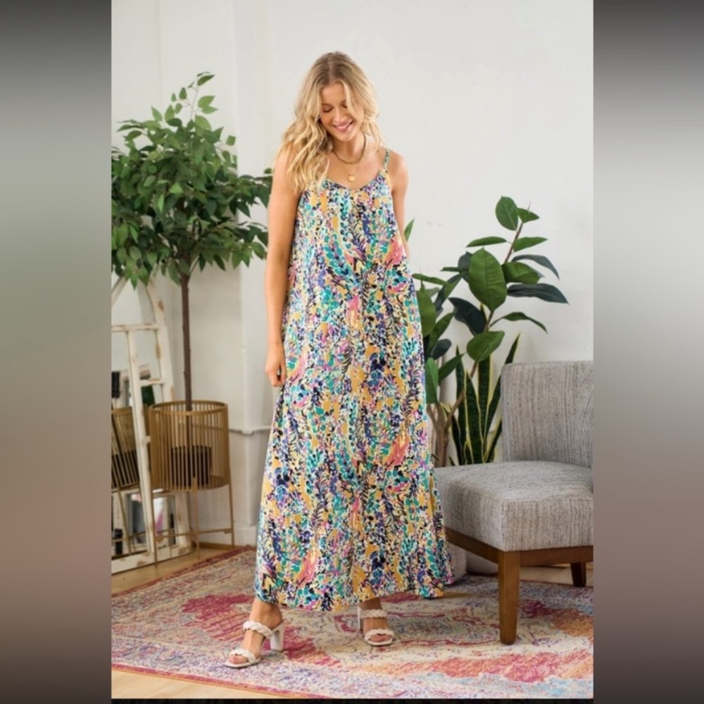 Hailey & Co Tropical Printed Maxi Dress V Neck Small Beach Trip Colorful